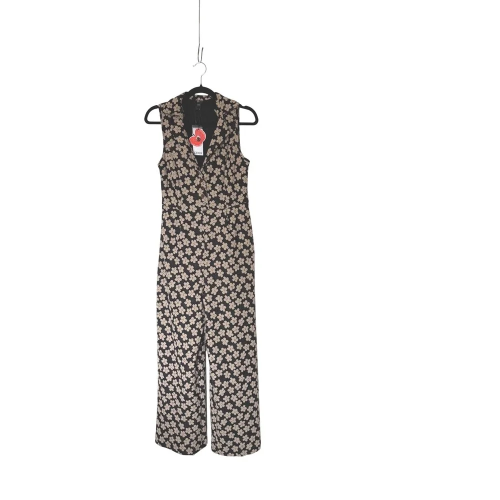 NWT Cider Womens Floral Wide Leg Jumpsuit Sleeveless Button Front Black Tan SZ S - Picture 3 of 7
